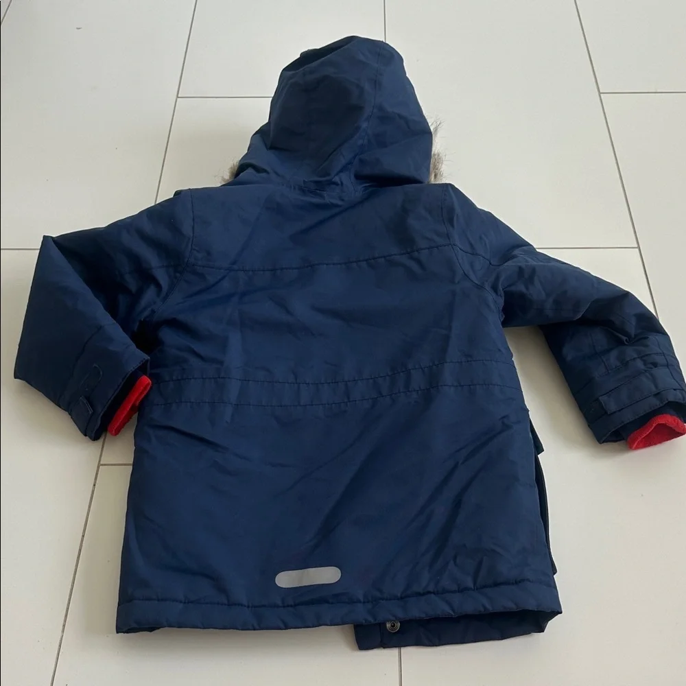 Mini Boden Navy Hooded Winter Jacket with removable Faux Fur Hood 4/5Y